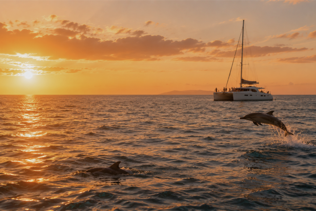 Dolphins swimming alongside a catamaran at sunset